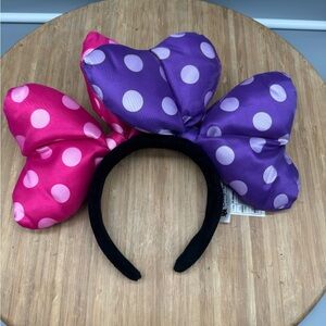 Rare Disney Parks Minnie Double Large Bow Headband Hat Ears Pink and Purple